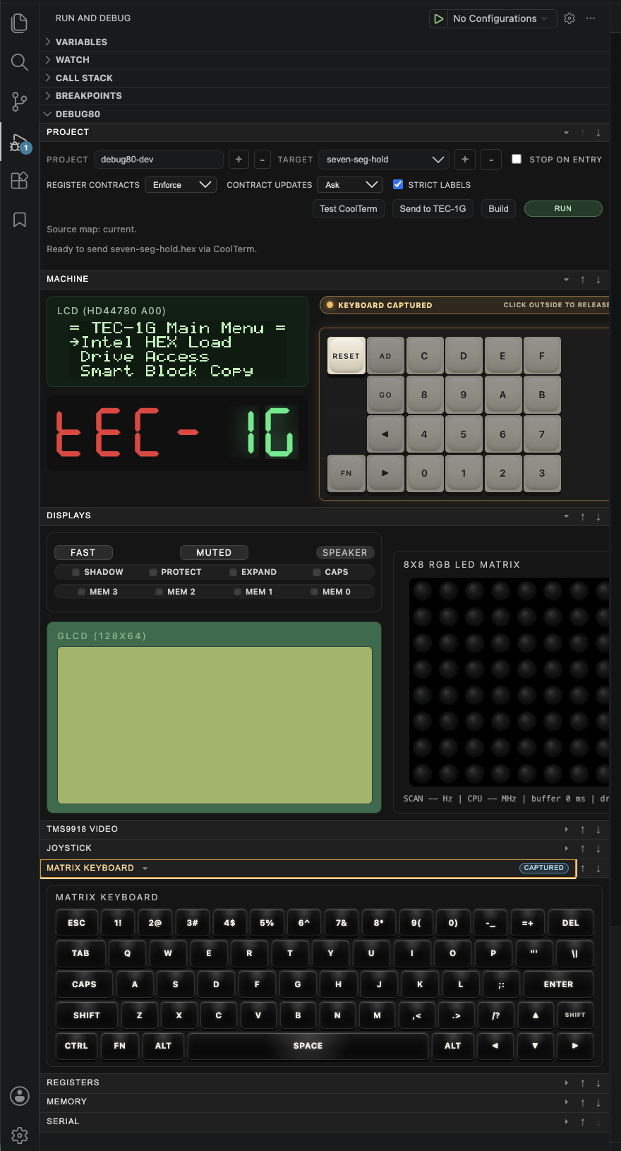 The Debug80 section expanded inside the Run and Debug sidebar, holding the Project, Machine, Displays and Matrix Keyboard sections, with TMS9918 Video, Joystick, Registers, Memory and Serial collapsed