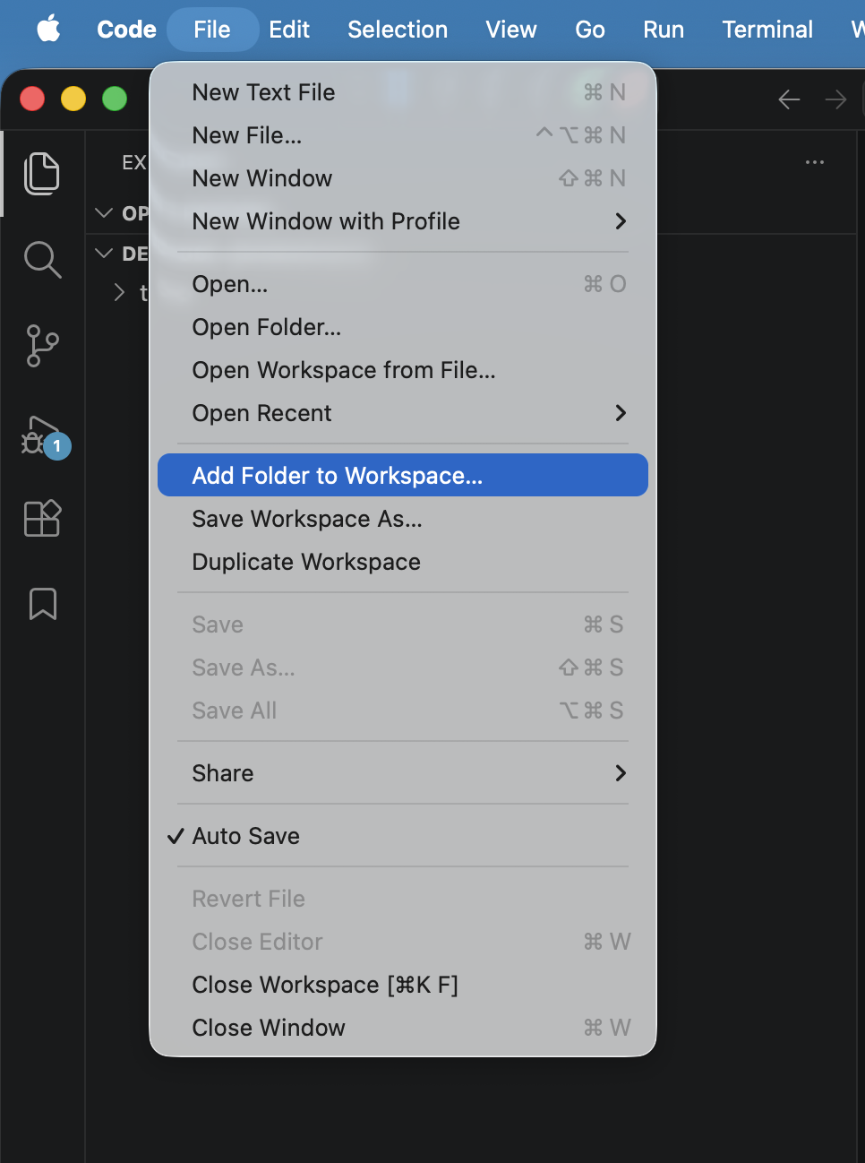 File menu with Add Folder to Workspace selected
