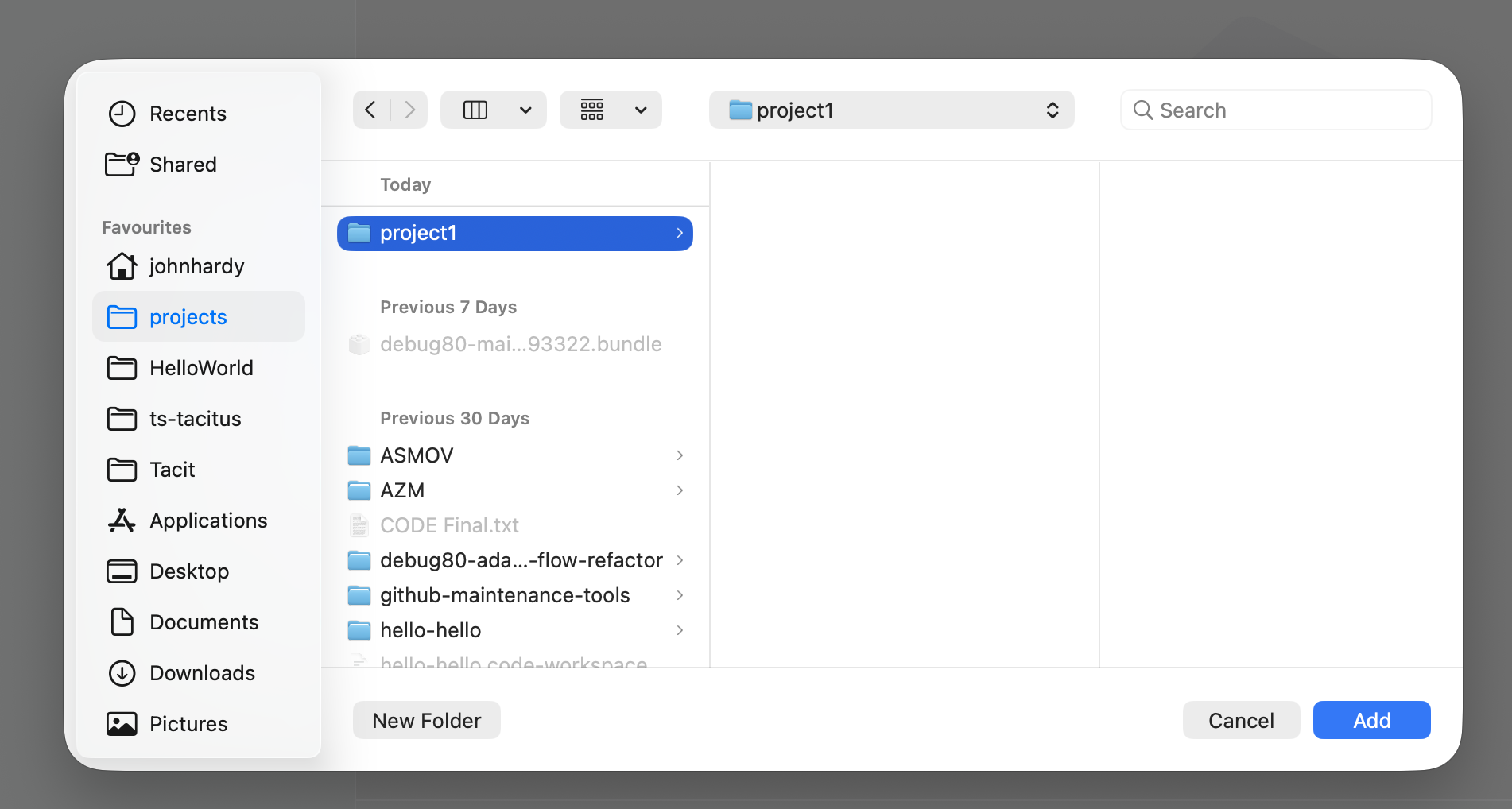 Folder chooser with project1 selected