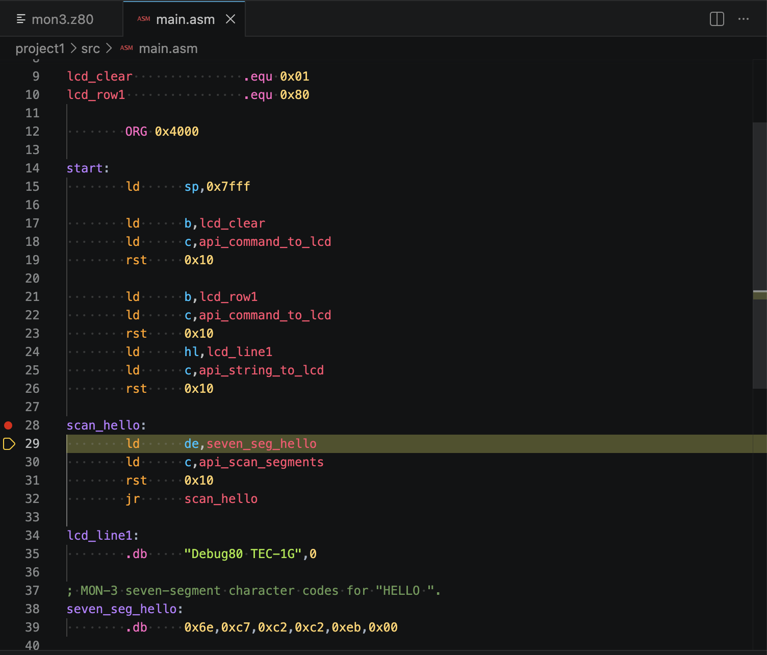 Breakpoint set on an instruction line