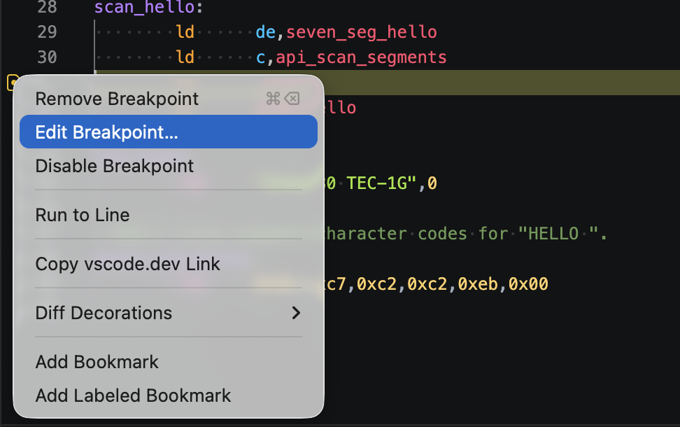 Edit Breakpoint from the editor gutter menu