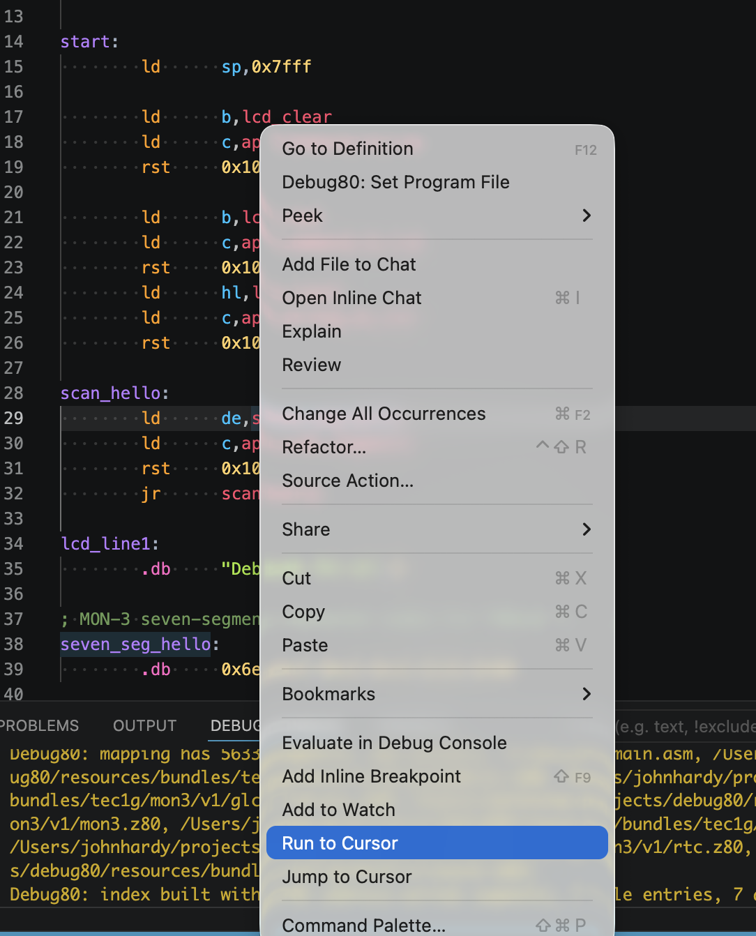 Run to Cursor from the editor context menu