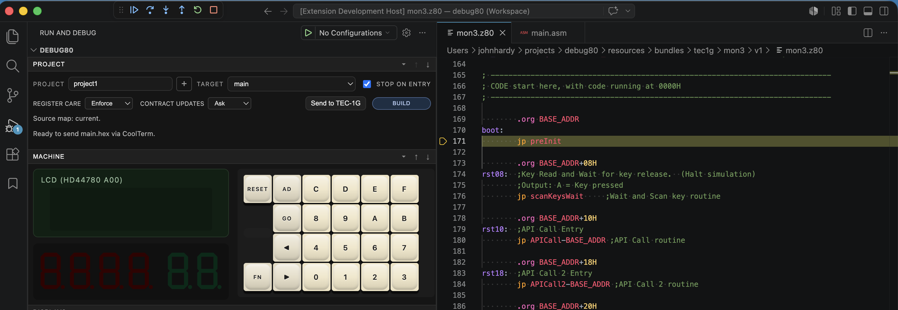 Debug80 paused after launch, with Stop on entry enabled and the Build button visible