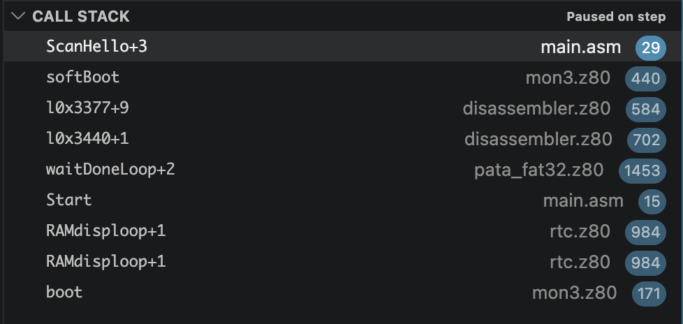 Call Stack with symbolic Debug80 frame names