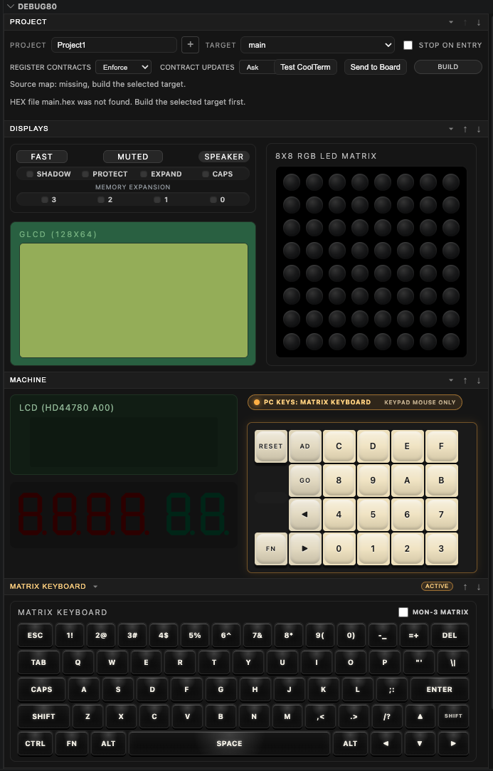 Debug80 panel with project controls, displays, machine controls and matrix keyboard