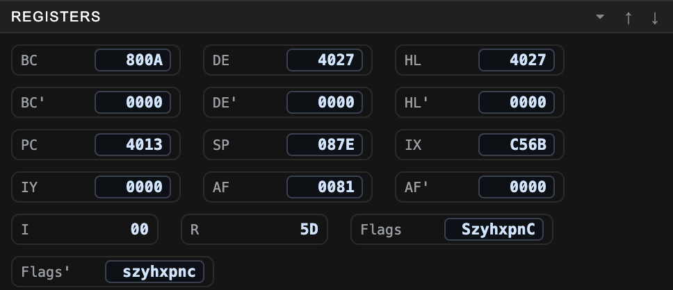 Debug80 Registers section