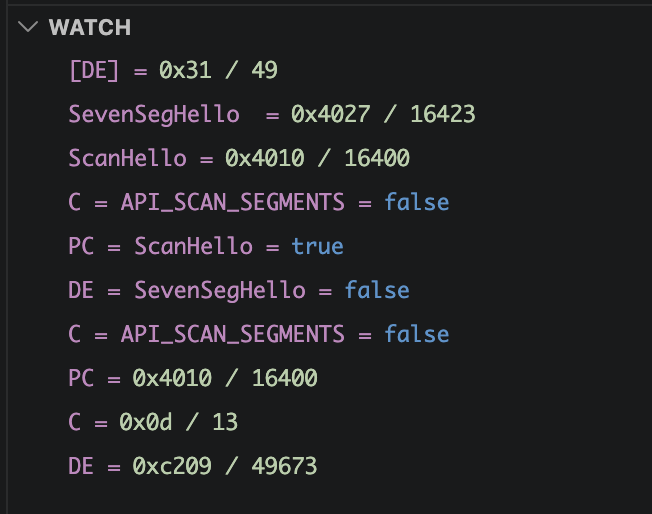 Watch panel showing Debug80 expressions