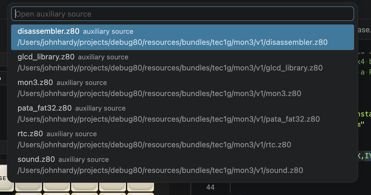 Auxiliary source picker showing MON-3 source files