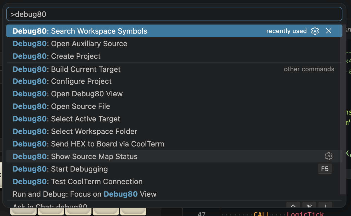 Command Palette entry for Debug80 workspace symbol search
