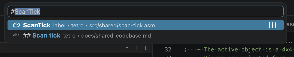 Workspace symbol picker showing a Debug80 symbol