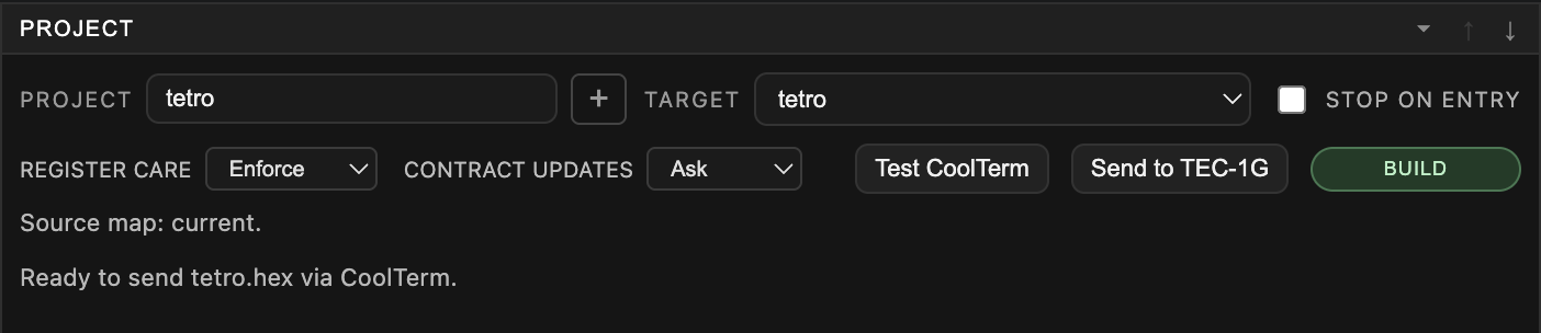 Debug80 Project section ready to send a HEX file through CoolTerm