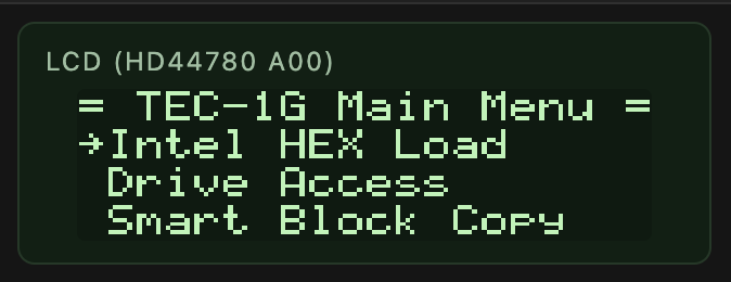 TEC-1G MON-3 menu with Intel HEX Load selected