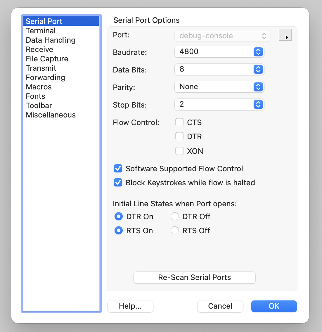 CoolTerm serial port options for TEC-1G transfer