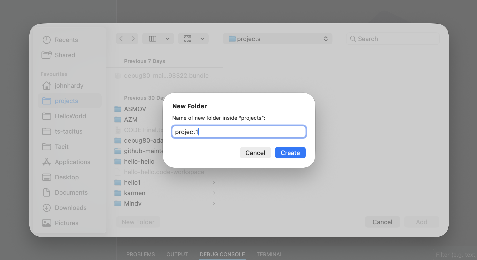 New folder dialog creating project1