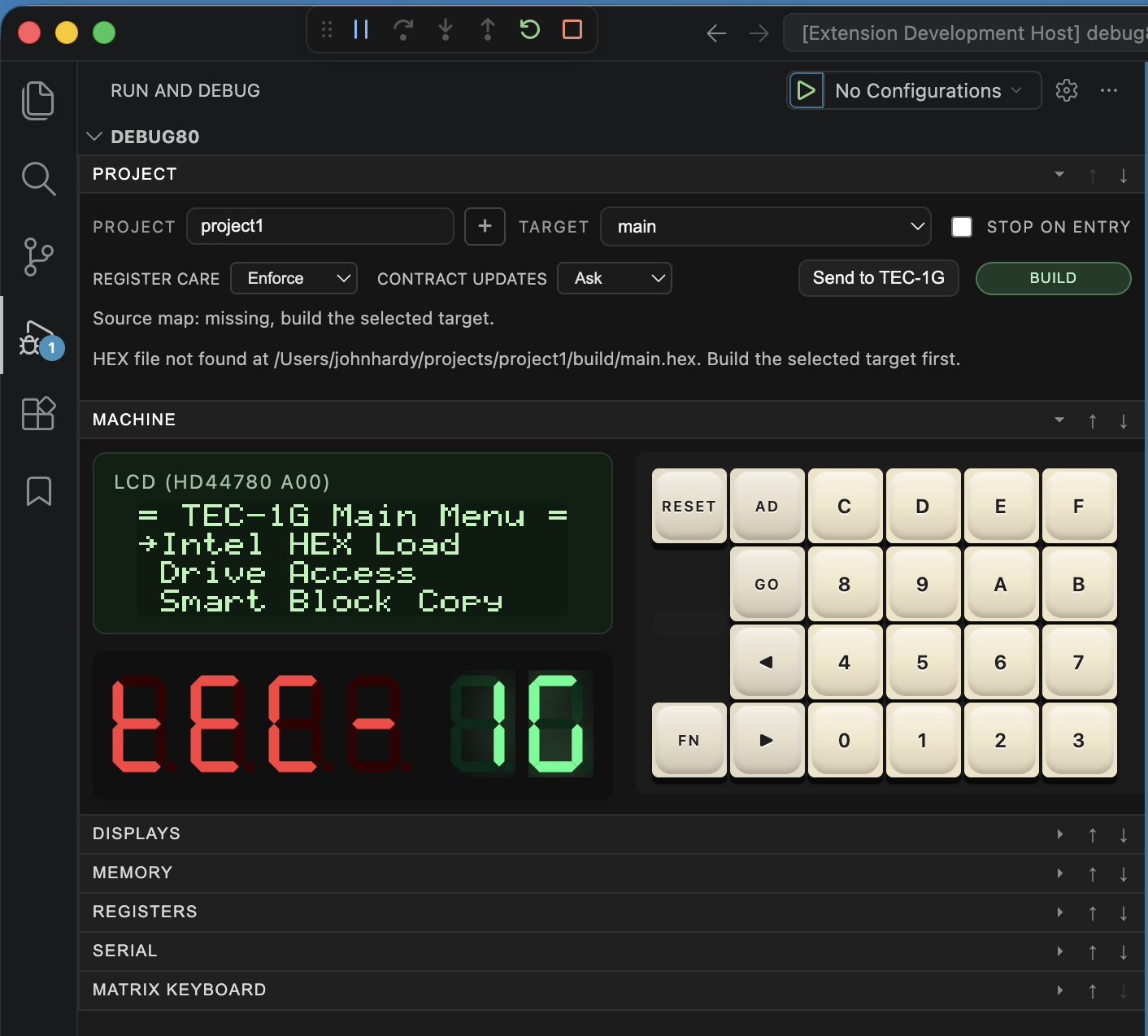 Initialized TEC-1G project showing the project, target and machine
