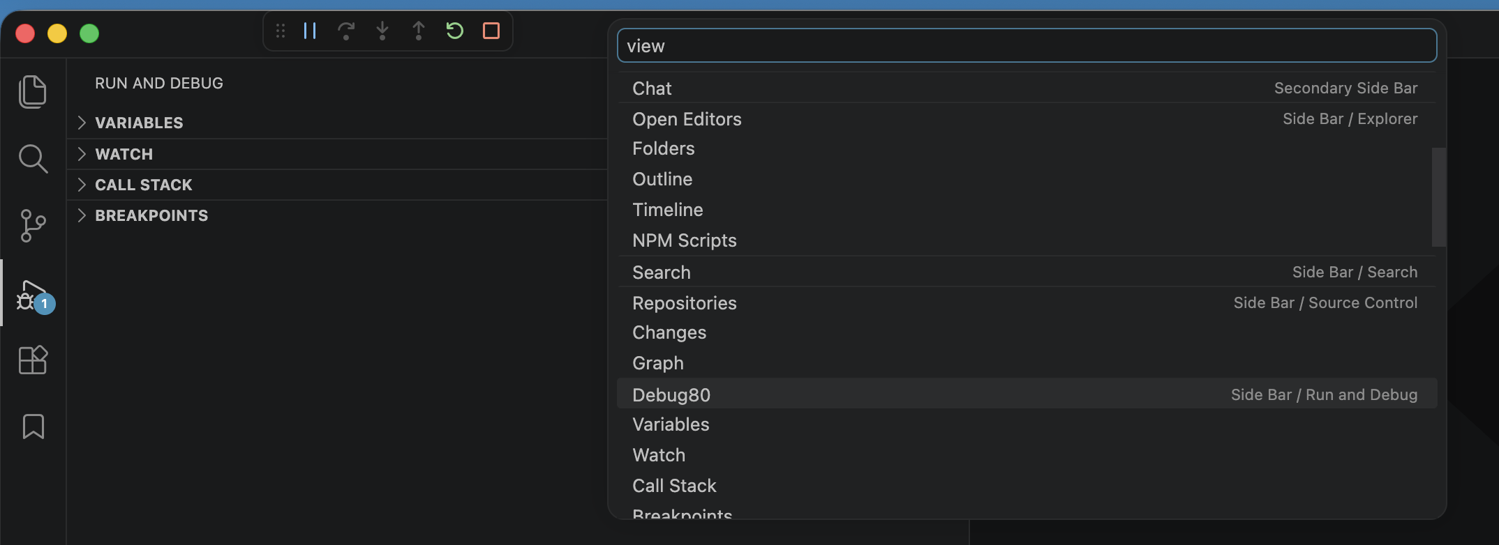 Open View picker showing Debug80