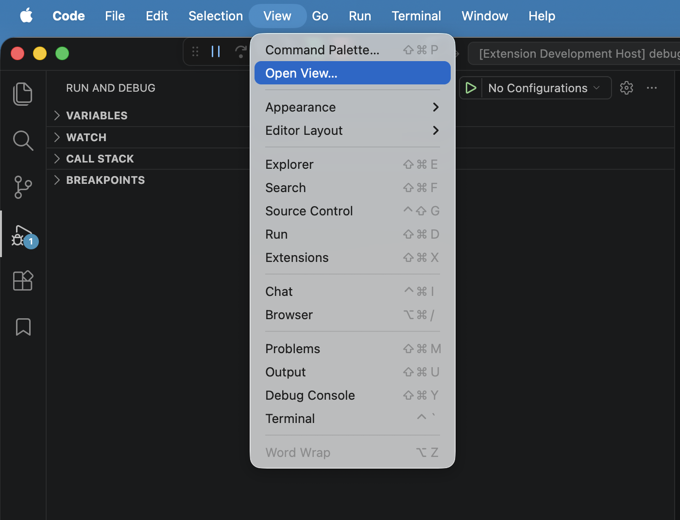 View menu with Open View selected