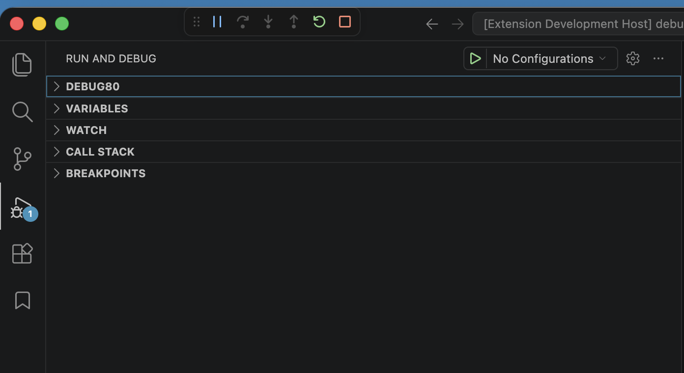 Debug80 view in the Run and Debug sidebar