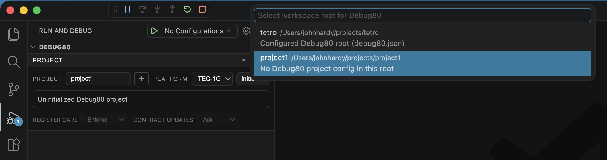 Project selector showing an uninitialized project1 folder