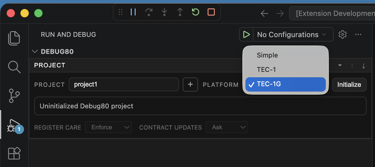 Platform selector with TEC-1G selected